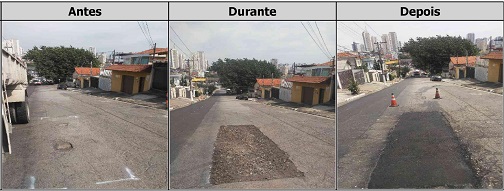 Antes, durante e depois do serviço de tapa-buraco na rua Eugênio Falk 